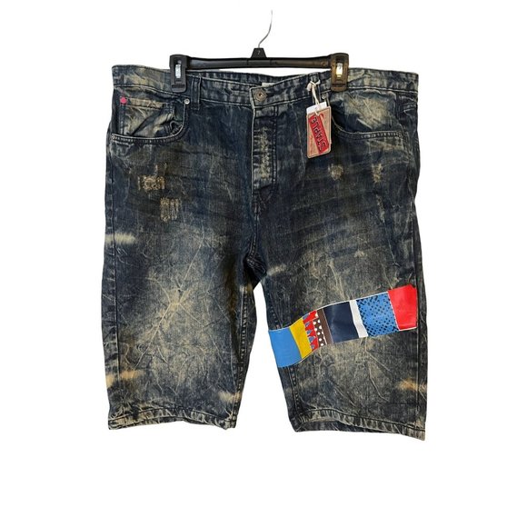 Staple Pigeon Jean Shorts Mens 40 Distressed Patches Blue Hand Sanding NEW - Picture 12 of 12